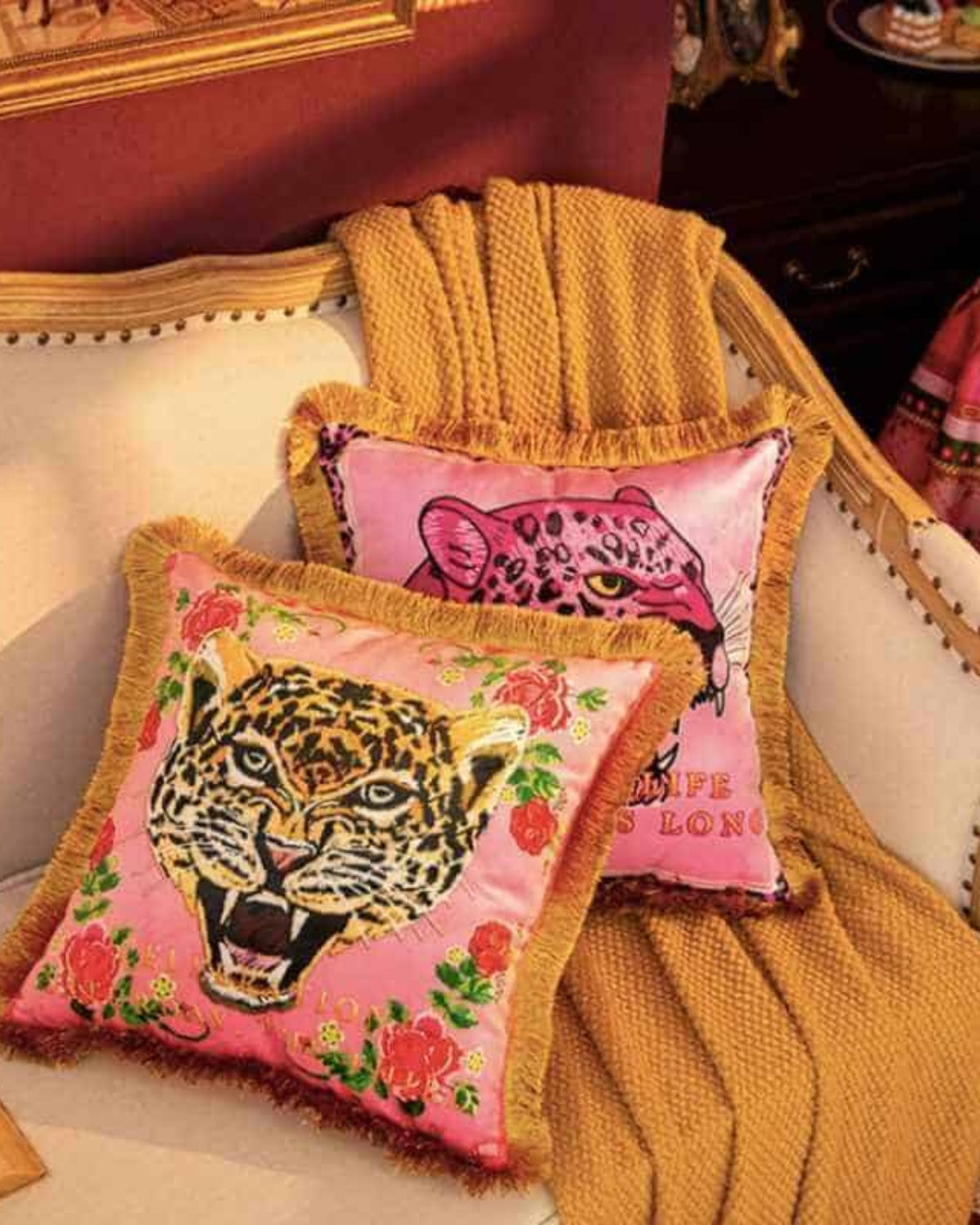 Velvet Cushion with Panther Print and Gold Tassel Trim