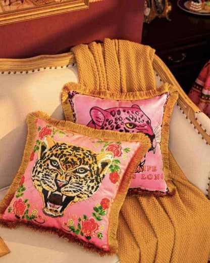 Velvet Cushion with Panther Print and Gold Tassel Trim