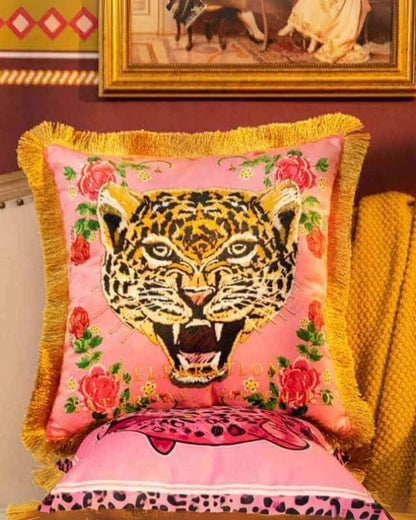 Velvet Cushion with Panther Print and Gold Tassel Trim