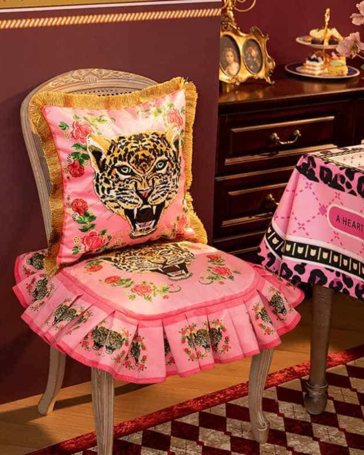 Velvet Cushion with Panther Print and Gold Tassel Trim