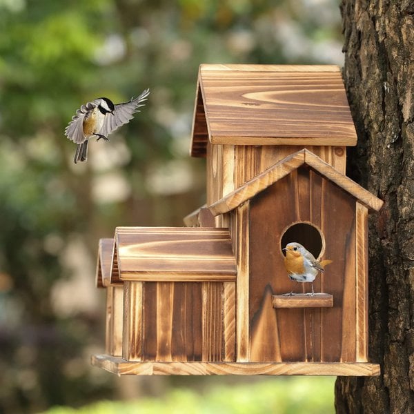 Weatherproof Wooden Birdhouse with Six Entrances and Hanging Hook