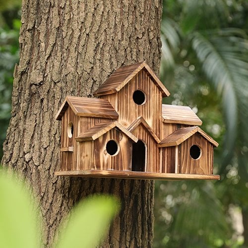 Weatherproof Wooden Birdhouse with Six Entrances and Hanging Hook
