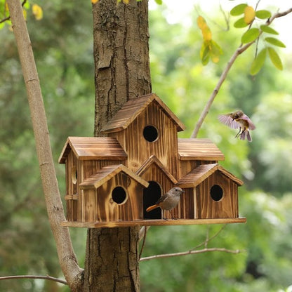 Weatherproof Wooden Birdhouse with Six Entrances and Hanging Hook