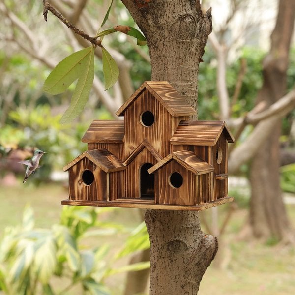 Weatherproof Wooden Birdhouse with Six Entrances and Hanging Hook