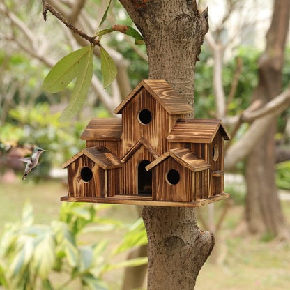 Weatherproof Wooden Birdhouse with Six Entrances and Hanging Hook
