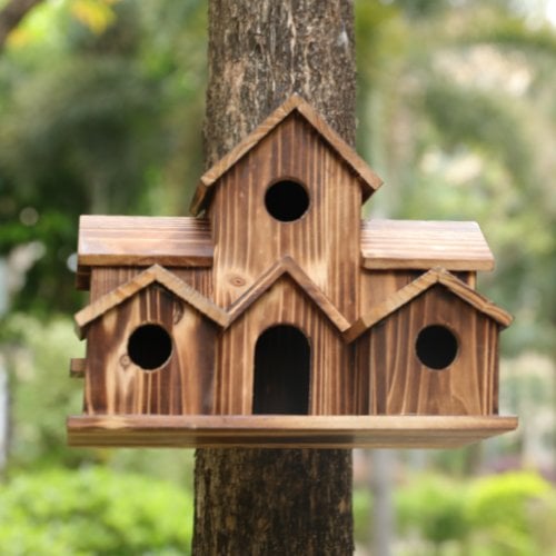 Weatherproof Wooden Birdhouse with Six Entrances and Hanging Hook