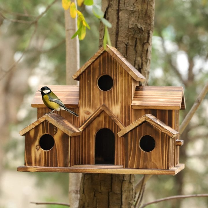 Weatherproof Wooden Birdhouse with Six Entrances and Hanging Hook