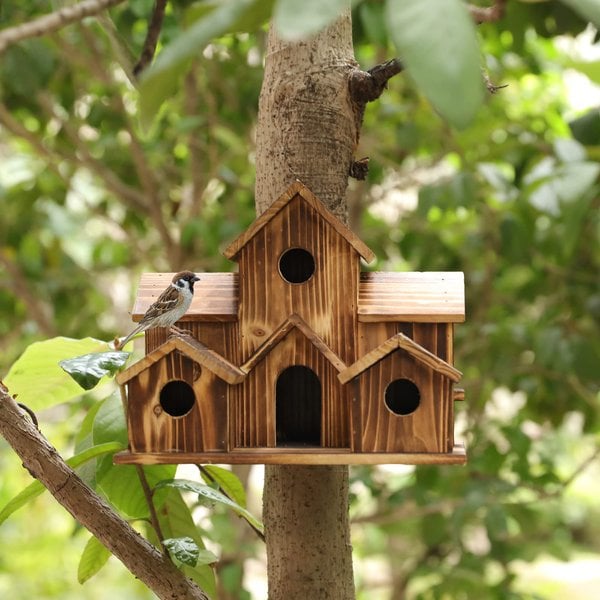 Weatherproof Wooden Birdhouse with Six Entrances and Hanging Hook