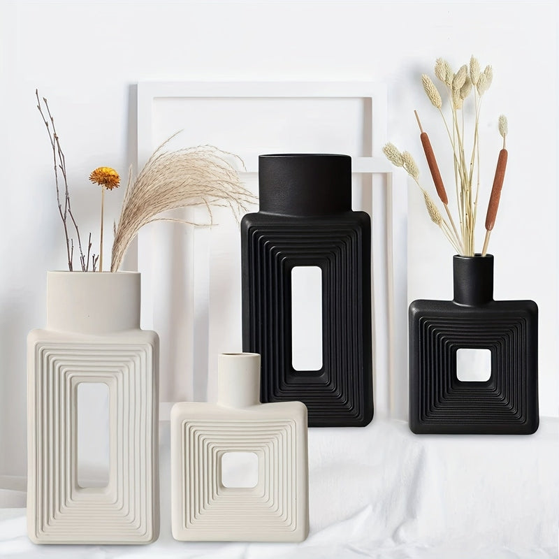White Ceramic Vases with Geometric Design for Modern Home Decor