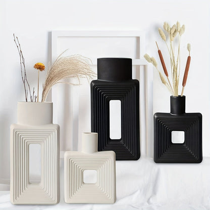 White Ceramic Vases with Geometric Design for Modern Home Decor