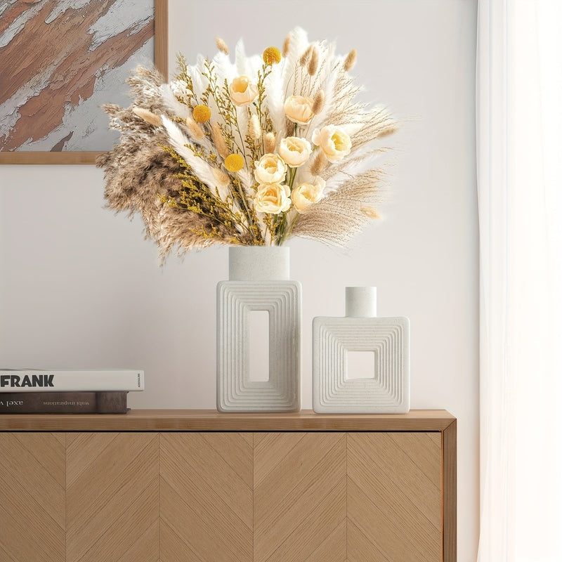 White Ceramic Vases with Geometric Design for Modern Home Decor