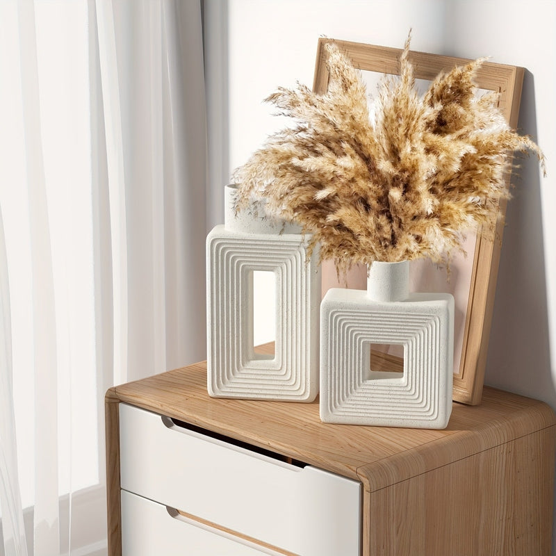 White Ceramic Vases with Geometric Design for Modern Home Decor