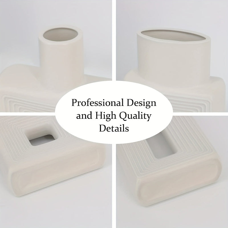 White Ceramic Vases with Geometric Design for Modern Home Decor