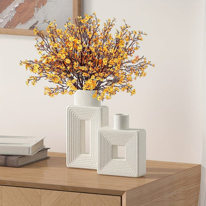 White Ceramic Vases with Geometric Design for Modern Home Decor